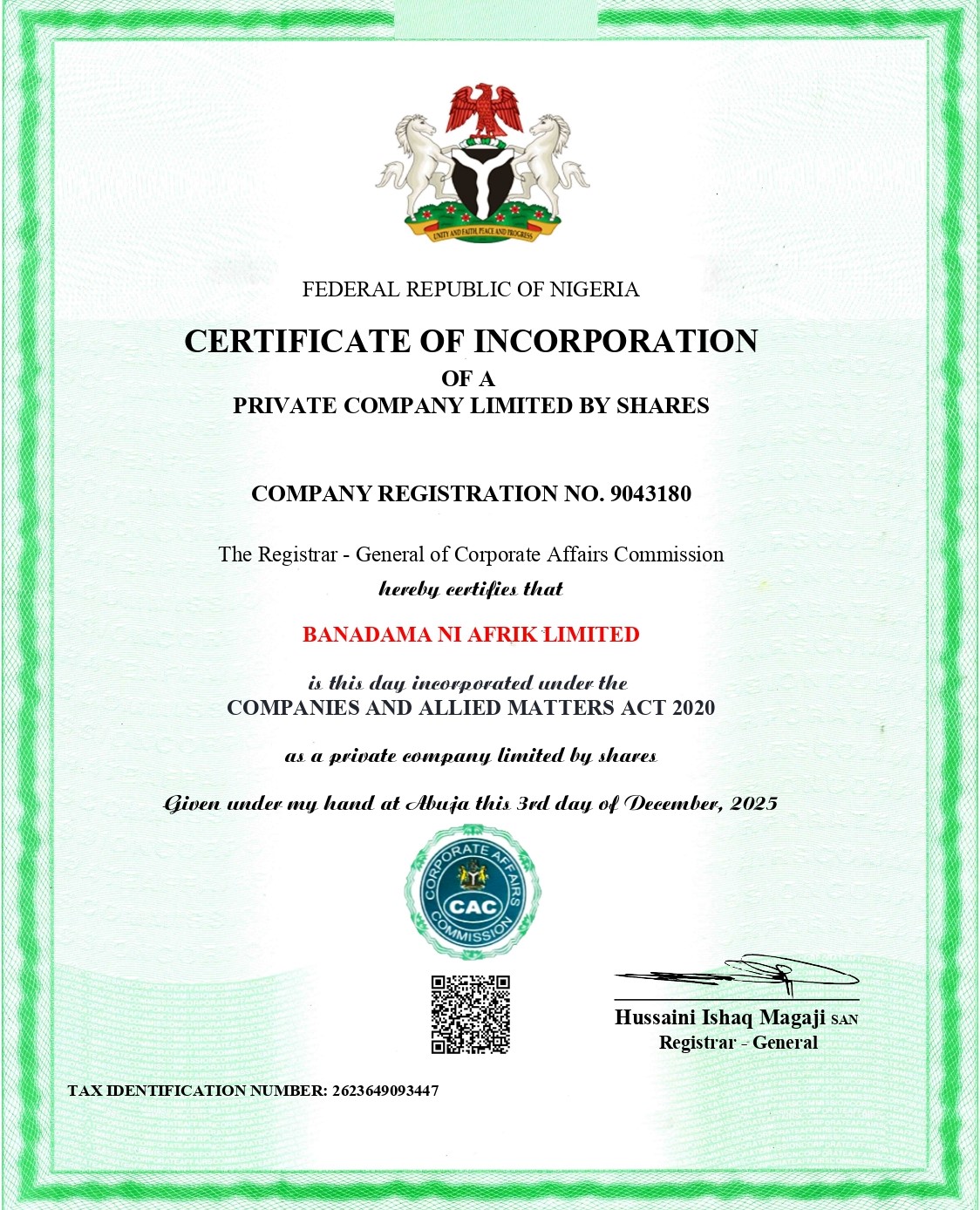 Banadama Ni Afrik Limited Certificate